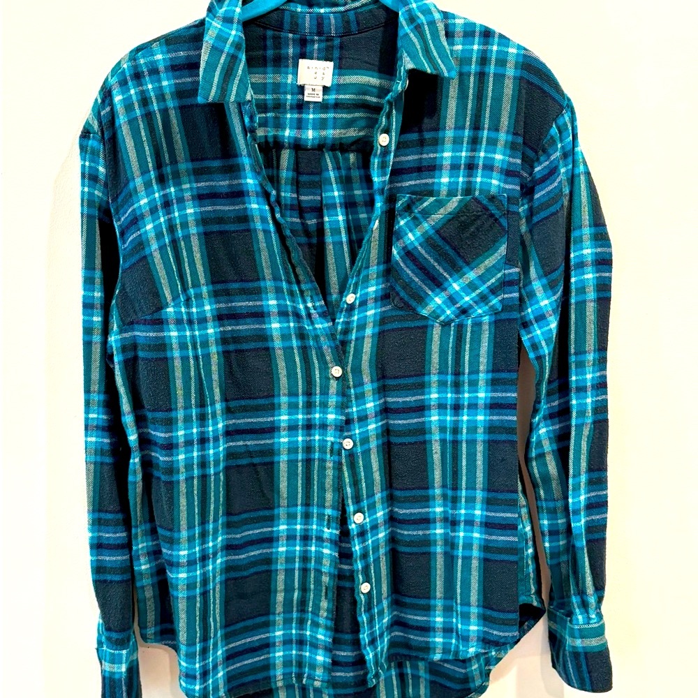 Blue and Green Plaid Button-Up Shirt